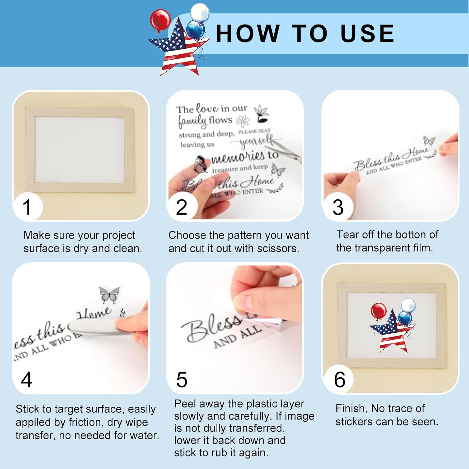 Whaline 12 Sheets Patriotic Rub on Transfer for Crafts Rub on Transfer Stickers Red Blue Star Heart Fireworks Furniture Decals for 250th Anniversary 4th of July Independence Day, 5.5 x 5.5 Inch