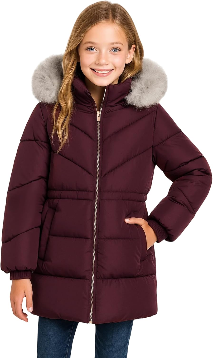 SOLOCOTE Girls Puffer Winter Coat Faux-Fur Hood Sherpa Lined with Pockets Long Heavy Thick Water-resistant 8-14 Years