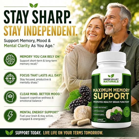Green Valley Naturals Maximum Memory Support | Cognitive Formula with Lions Mane, Mulberry, Phosphatidylserine & Methylated B-Vitamins Green Valley Brain Health & Focus | 30 Capsules