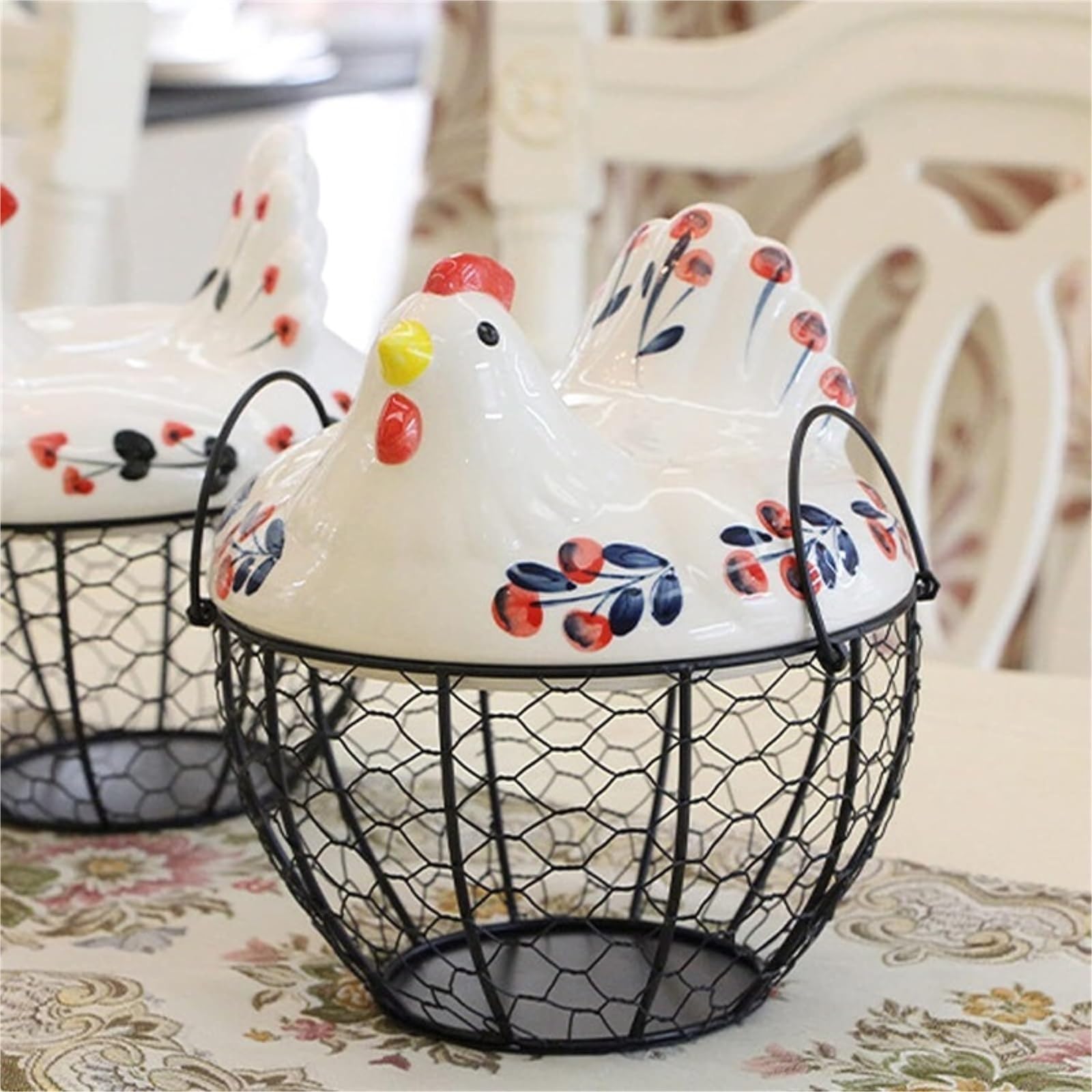 Cesta para La Recogida De Huevos Cesta De Huevos Alambre Metal para Almacenamiento Cocina, Caja Organizadora Frescos con Cubierta Pollo Granja Cerámica para Mostrador