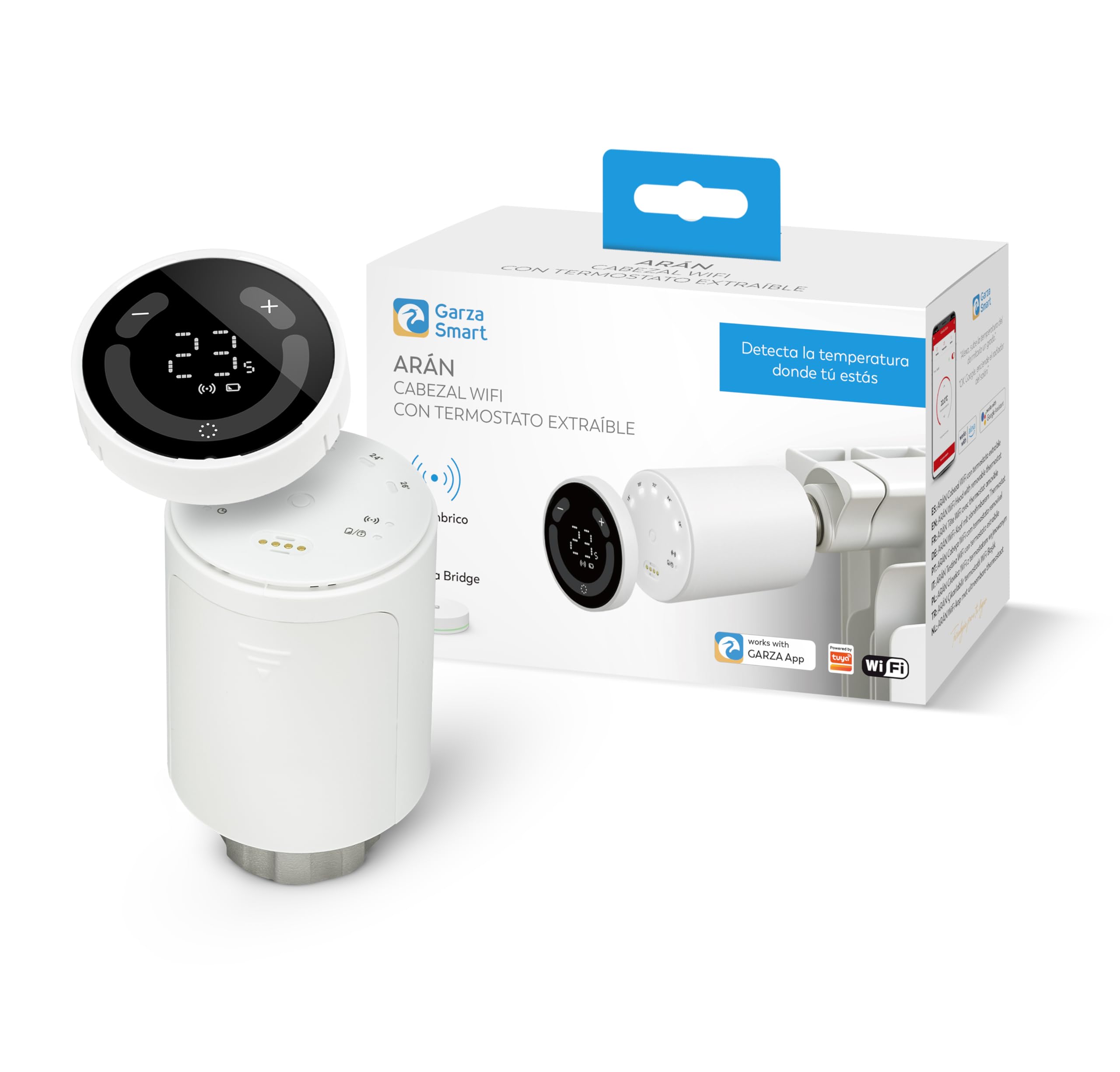 GARZA - Pack Smart Dúo Cabezales Termostáticos con Sensor Zigbee + Bombilla LED WiFi E27 RGB+CCT, Control App y Voz Alexa/Google, Programable, Regulable y Ahorro Energético para el Hogar