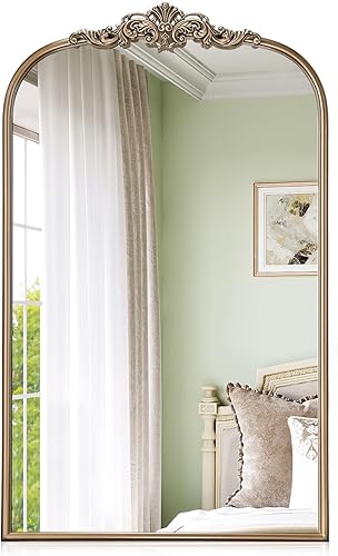 Miniatura 10 de Espejo vintage dorado, espejo antiguo de oro arqueado de 24 x 36 pulgadas para repisa de chimenea, espejos de baño de latón barroco para pared con
