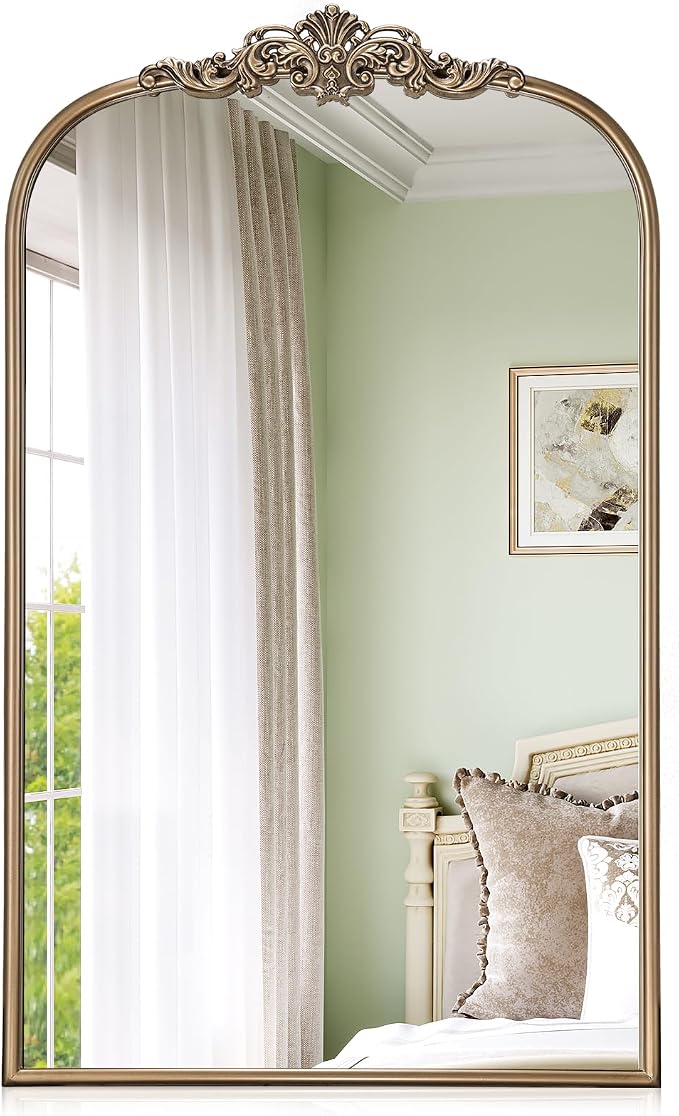 Antique Baroque Gold Mirror, 24” x 32” Vintage Vanity Mirror for Fireplace Mantel, Arch Bathroom Mirror for Wall with Ornate Metal Frame for Entryway Bedroom Living Room
