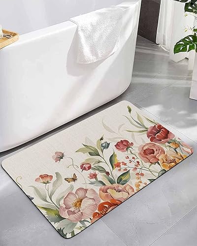 Tapete de baño con flores retro para bañera, antideslizante, de secado rápido y absorbente, tierra de diatomeas, fregadero de cocina, ducha,