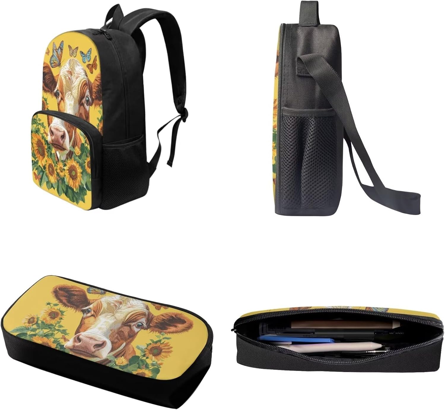 Xoenoiee Cow Butterfly and Sunflower Pattern 3Pcs Bookbag+Lunch Box+Pencil Bag for Students 17in Large School Bag Backpack Set for Boys Girls Back To School