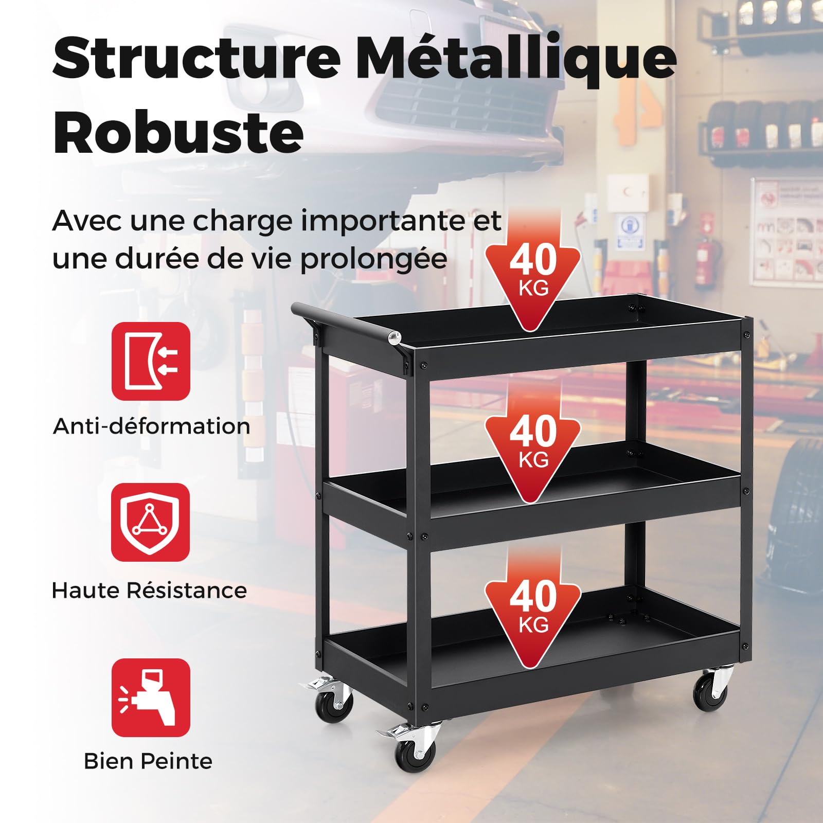 GYMAX Chariot à Outils d'Atelier 3 Niveaux, Chariot de Service en Métal, 4 Roues Universelles dont 2 avec Freins, Charge 120KG, Organisateur de Rangement Mobile, pour Maison, Cuisine, Entrepôt, Garage
