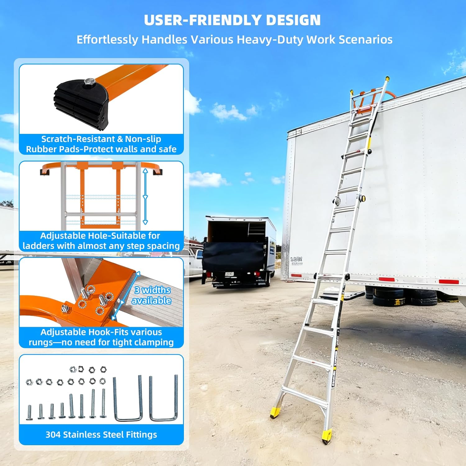 Extension Ladder Stabilizer-Ladder Standoff for Roof Gutter-500 Lbs Capacity-Heavy Duty Alloy Steel Ladder Hook-Wing Span Wall Extension Accessory Arms with Anti-Slip Rubber Feet/U Bolt
