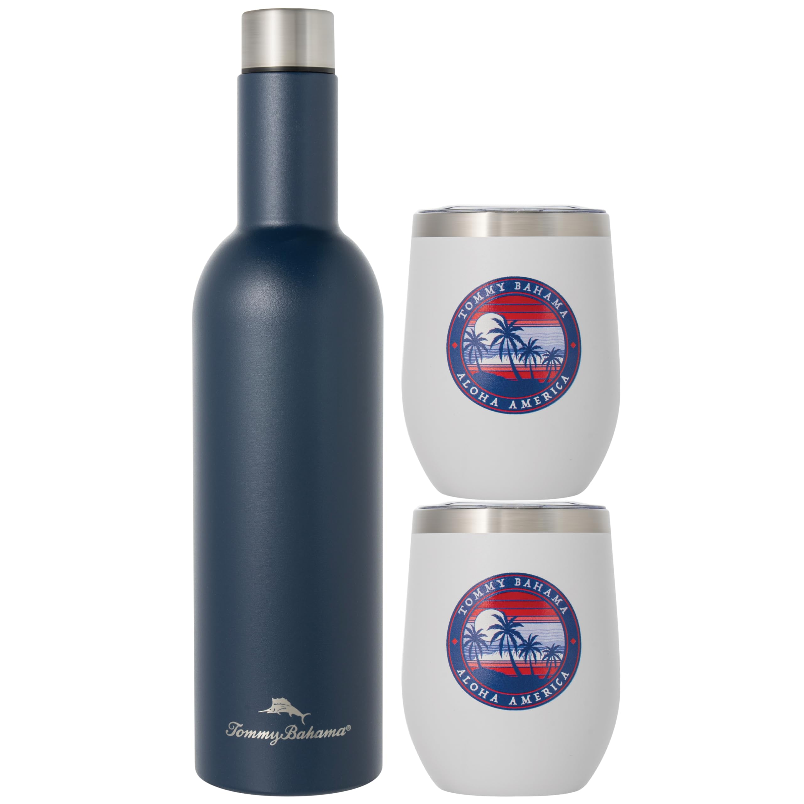 Tommy Bahama Beverage Chiller Set - Includes 25oz Bottle and (2)12oz Tumblers - Vacuum Insulated Double-Wall Stainless Steel, Keep Drinks Warm for 6 Hours or Cold for 12 Hours - Aloha Americana