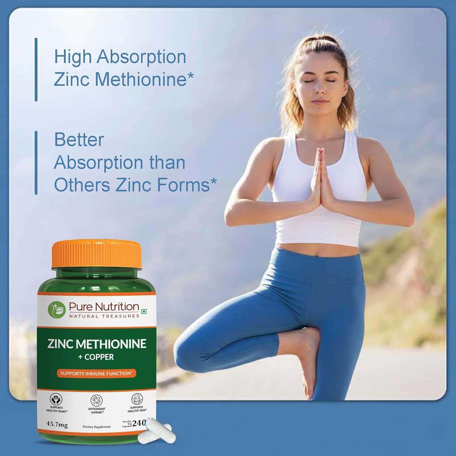 Pure Nutrition Zinc Methionine 44mg | 240 Veg Caps | Zinc + Copper Supplement to Supports Immunity, Skin & Cellular Health