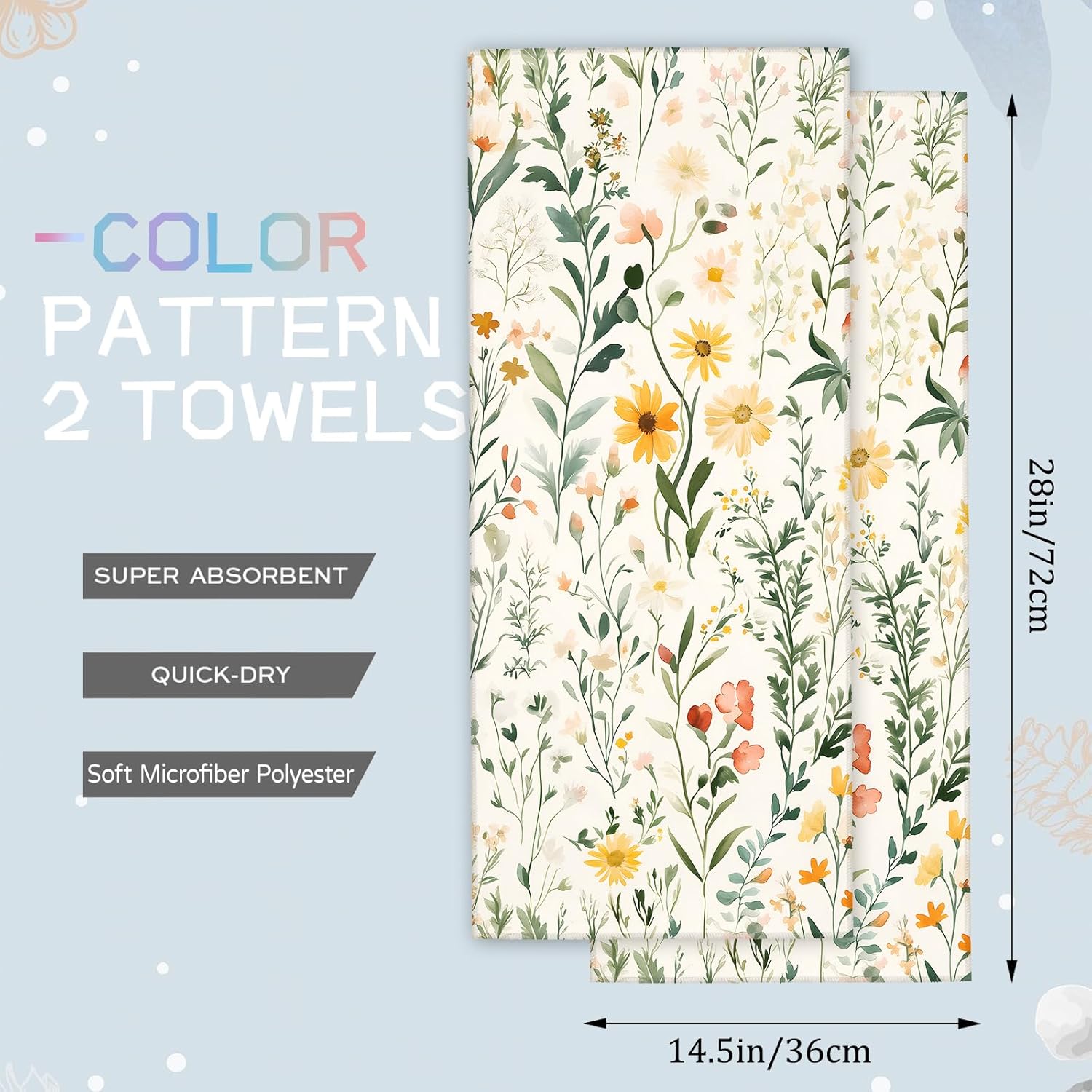 Retro Wildflower Hand Towels - 2 Pack, 14.5" X 28", Soft Microfiber Polyester Towel Set with Vintage Floral Pattern, for Natural Bathroom Kitchen Spa Hotel Decor Gifts Women Girls - Image 2