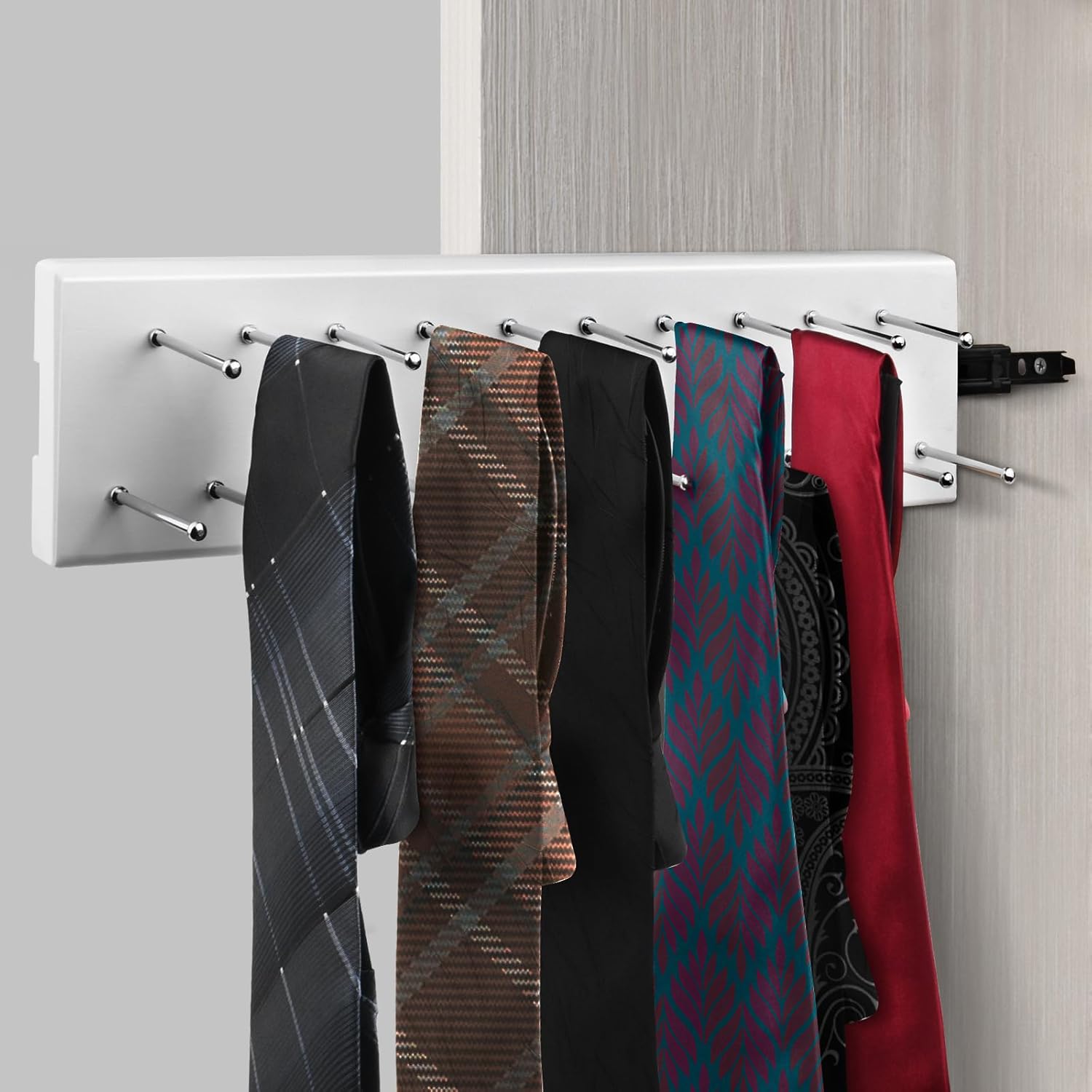 Pull Out Tie Rack for Closet, Wood Sliding Belt Rack with 21 Tie Hanger | Side Mounted Slide Out Tie Rack Belt Hanger Rail Organizer Storage Scarf Holder for Ties Scarves Belts Shawls, White