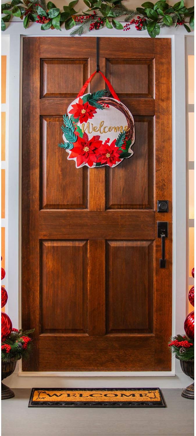 Evergreen Family Products Door Hanger Set, Poinsettia Welcome Wreath Door Decor with Black Iron Metal Holder