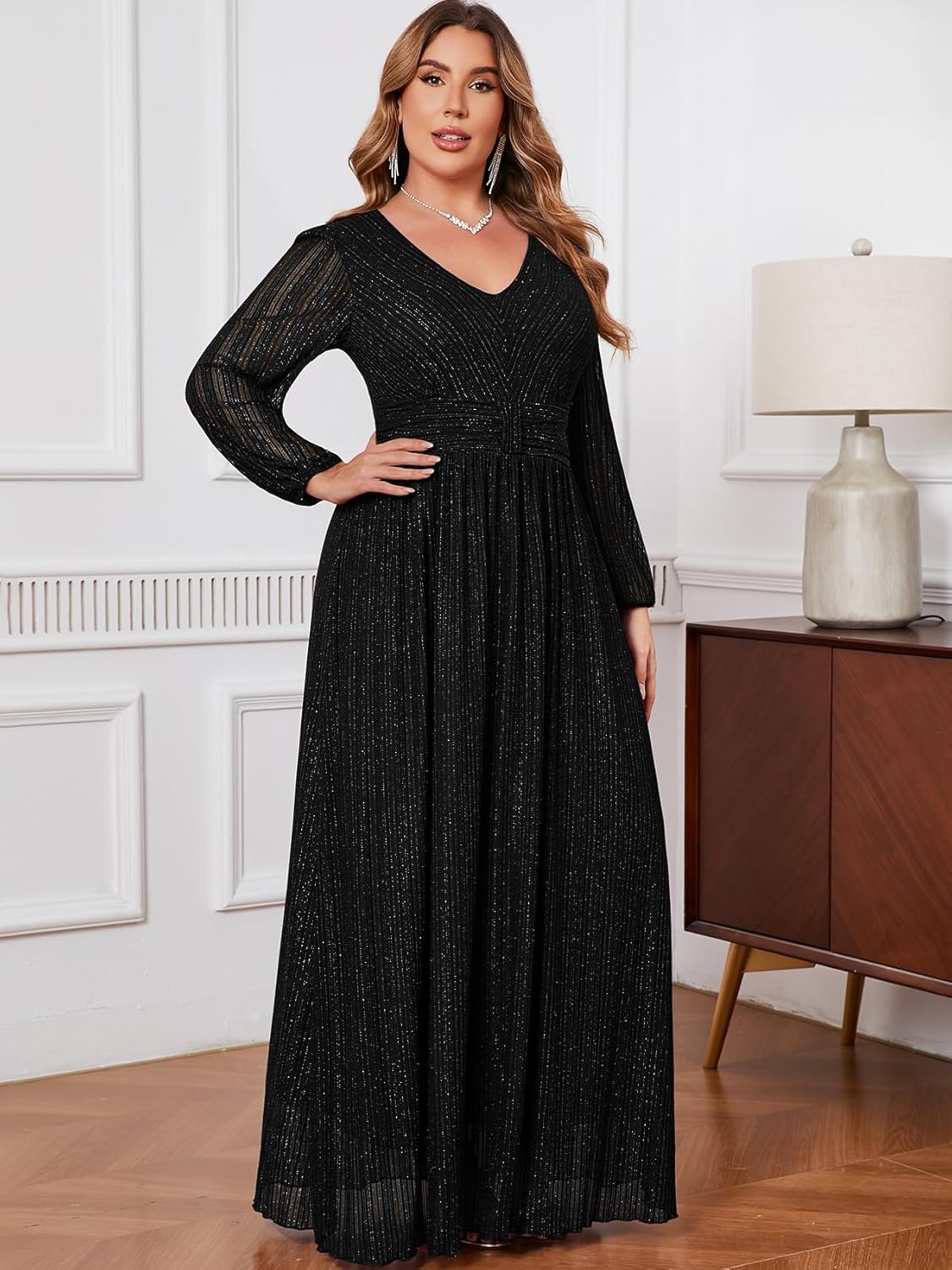 CYCLAMEN Plus Size Sparkly Formal Dress Lace Maxi V Neck Cocktail Evening Gown Wedding Guest - Image 5