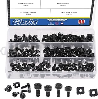 Glarks 80Sets/160Pcs M5 M6 Cage Nuts and Screws Set, M5 x 16mm, M5 x 20mm, M6 x 16mm, M6 x 20mm Square Hole Hardware Cage Nuts & Mounting Screws Washers for Server Rack and Cabinet (Black)