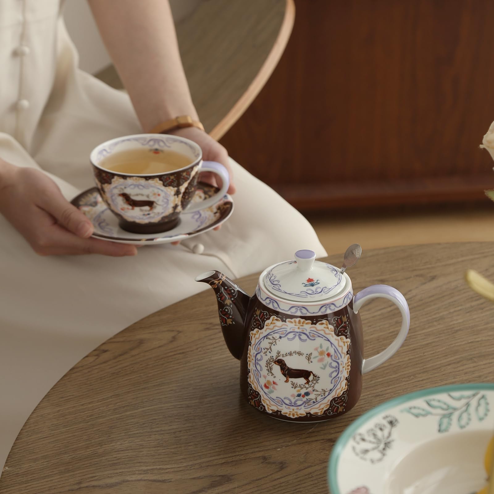 London Pottery Set di teiera, teiera e servizio per uno, in porcellana fine, con motivo animalier, tazza e piattino (cane)