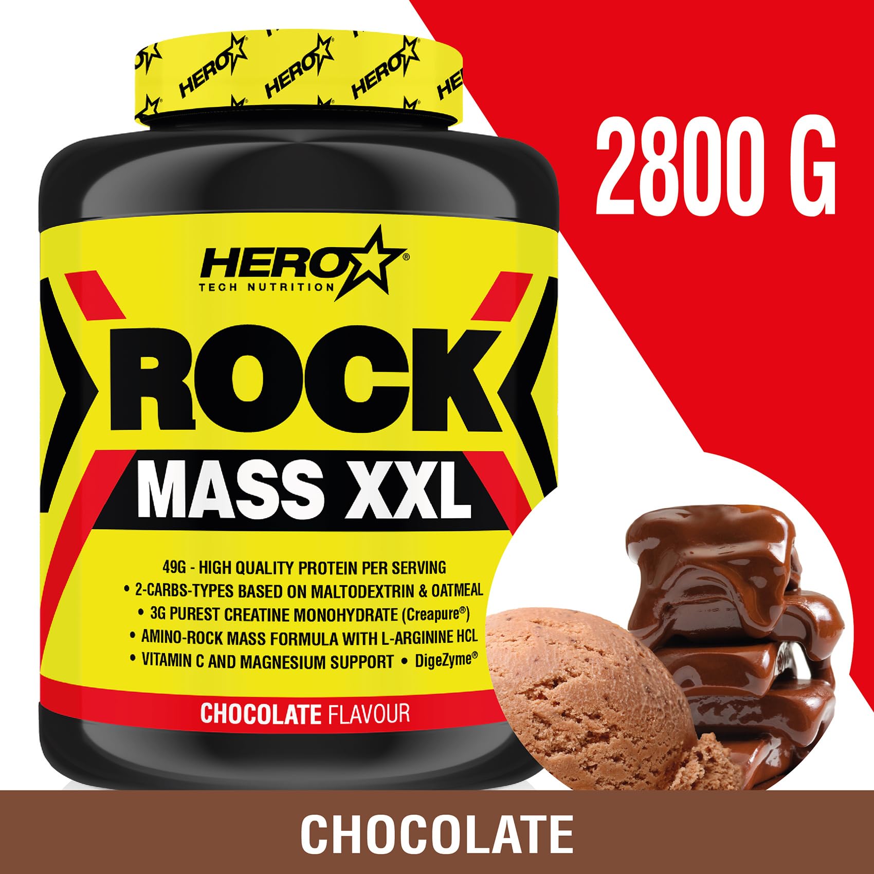 HERO TECH | ROCK MASS XXL 2800 Gr | Suplemento con Hidratos de Carbono y Proteína para Ganar Masa Muscular | Con Creatina, BCAA, Glutamina, Arginina, Vitamina C | Sin OGM (2.800 gr, Chocolate)