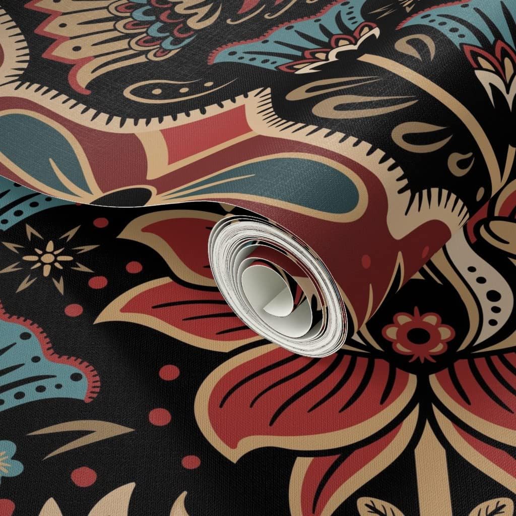 Spoonflower Peel & Stick Wallpaper 3ft x 2ft - Maximalist Folk Damask Mystical Eye Vintage Gold Red Blue Gothic Folklore Flowers Custom Removable Wallpaper