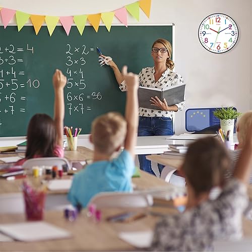 Miniatura 7 de Reloj de pared para niños, reloj de pared pequeño y moderno de 10 pulgadas, funciona con pilas, silencioso, analógico, clásico, para oficina, hogar,