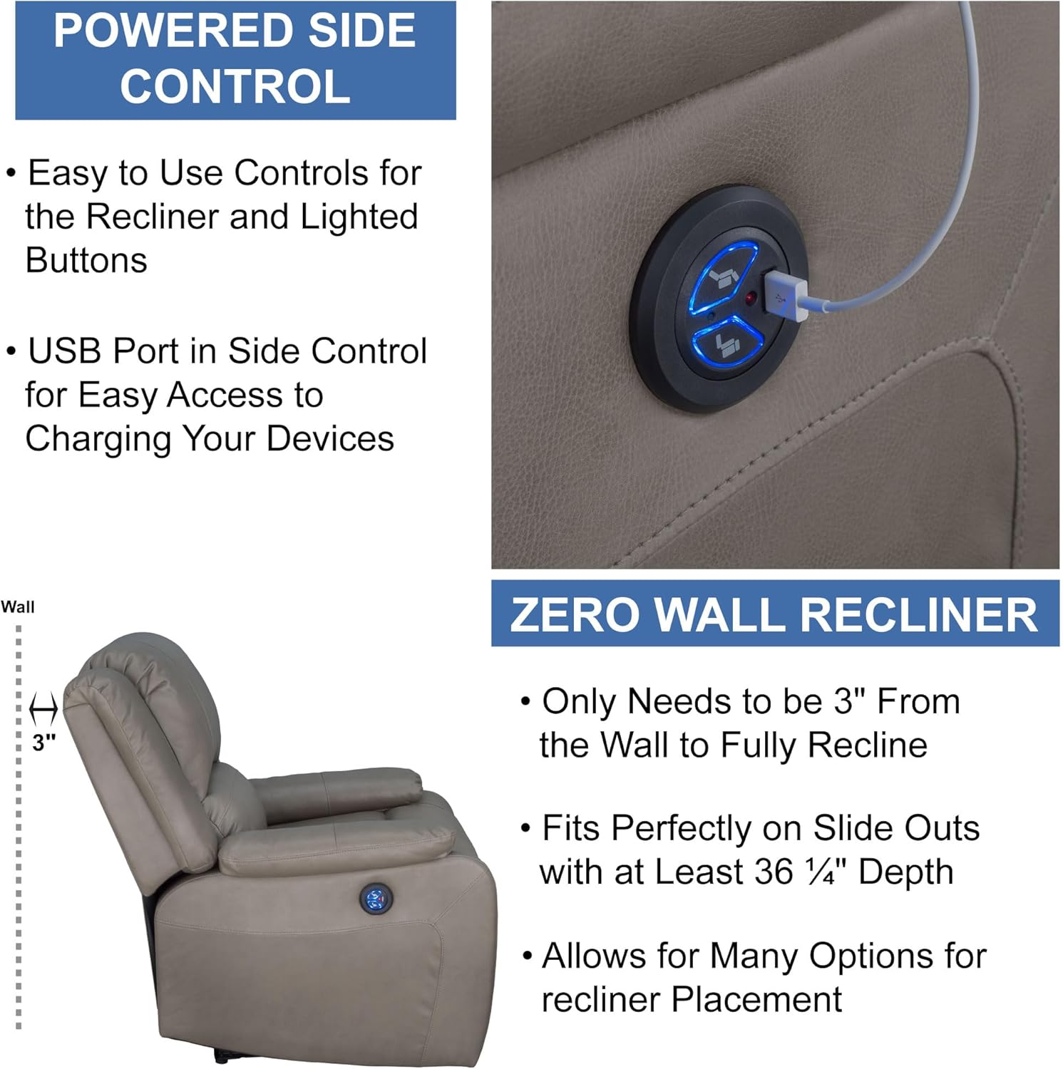 RecPro Charles Collection | 30" Powered Zero Wall RV Recliner | Wall Hugger Recliner | RV Living Room (Slideout) Chair | RV Furniture | RV Chair (Putty, 1-Pack)