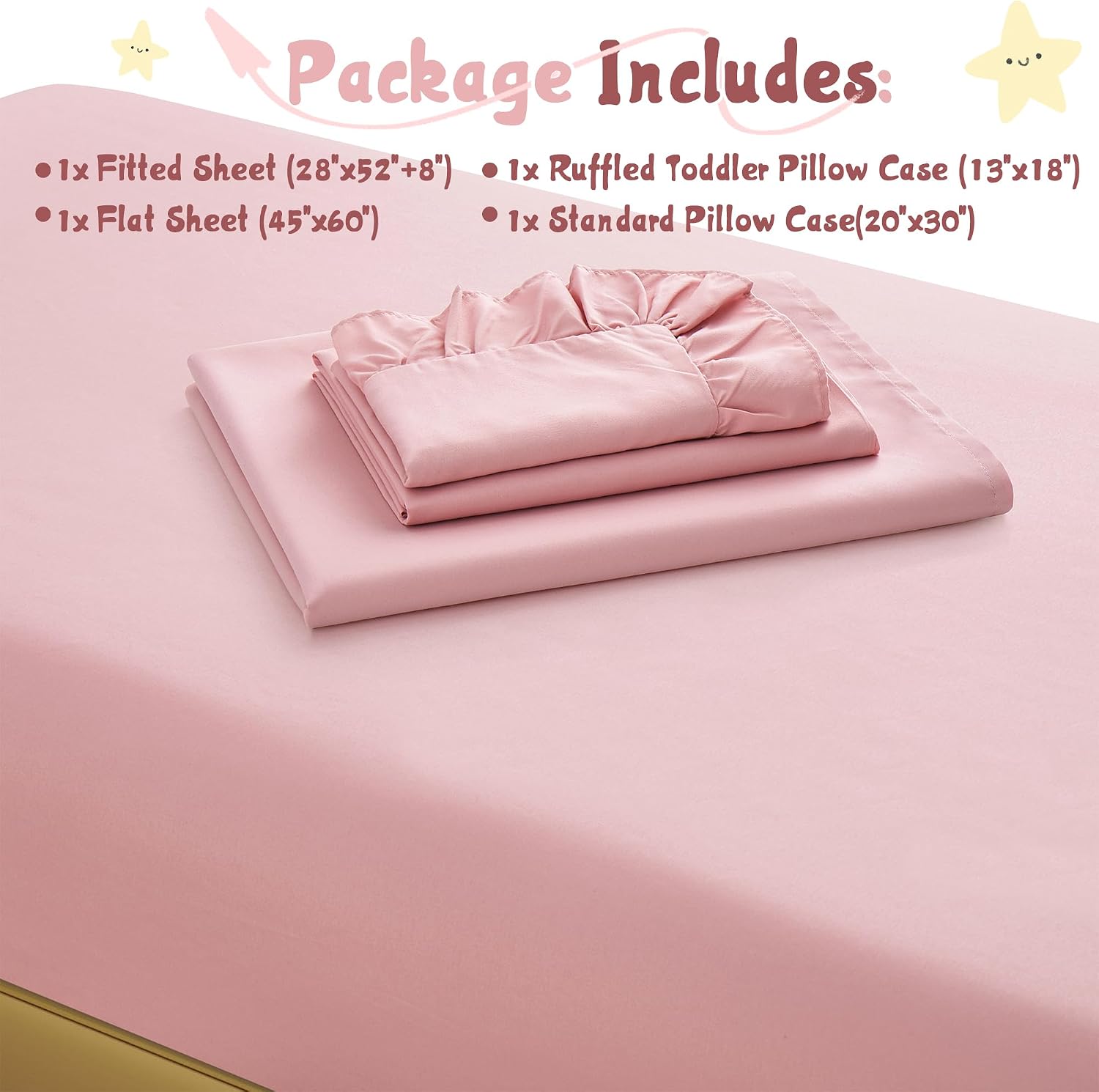 4 Piece Soft Toddler Sheet Set, Includes Flat Sheet, Fitted Sheet, Standard Pillowcase, Ruffled Toddler Pillowcase, Microfiber Bedding for Toddlers/Boys and Girls(Light Pink)