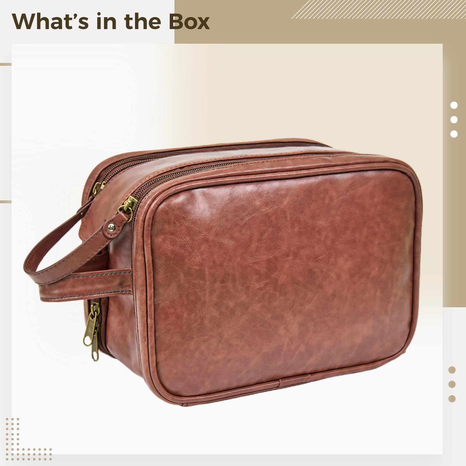 Herren Kulturbeutel Reisetasche aus PU-Leder, hängende Reise-Rasiertasche mit Doppelreißverschluss, großes Fassungsvermögen, Braun, für Reisen und Geschäftsreisen, mit Haken, Tragegriff und Innenfach