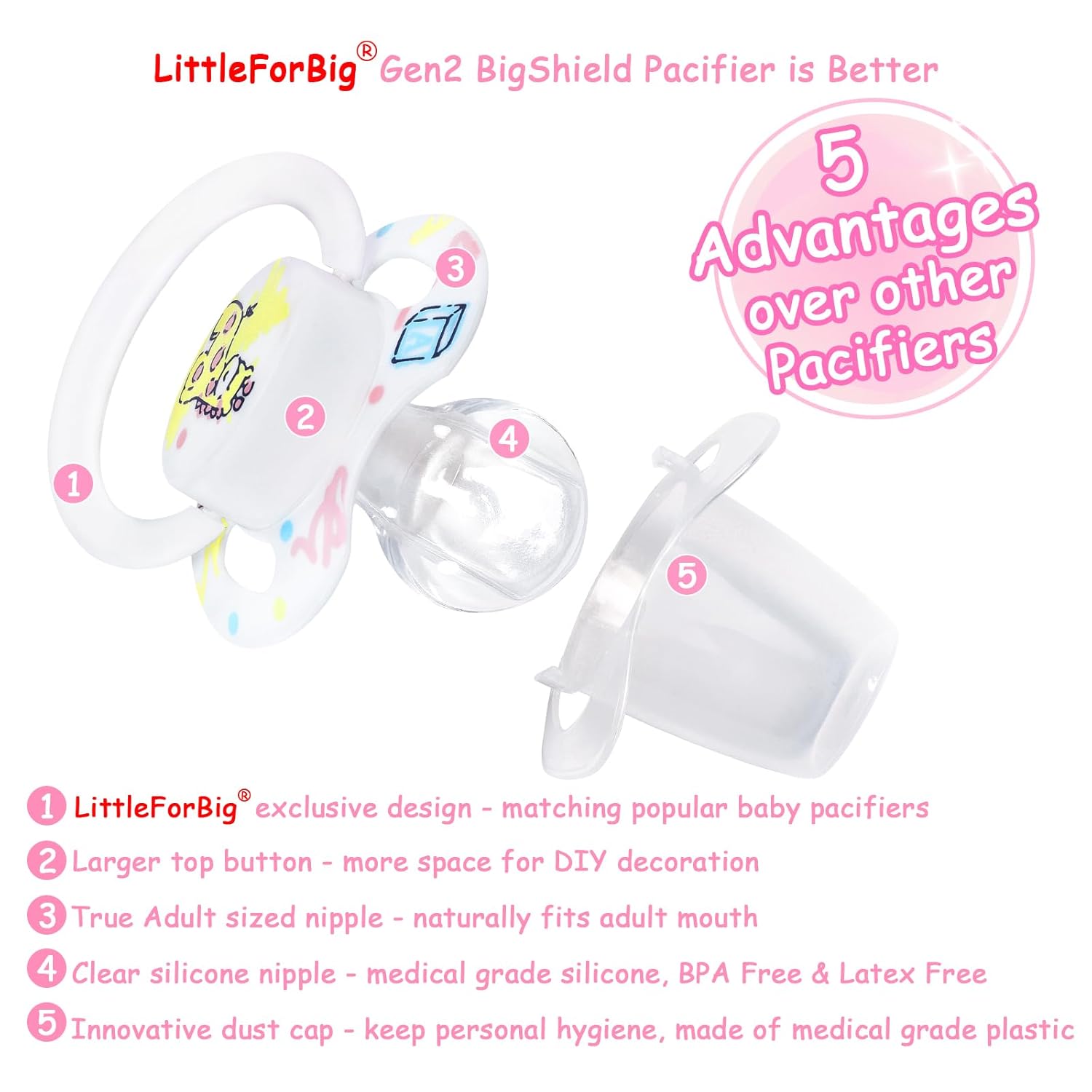 LittleForBig Bigshield Generation-II Adult Sized Pacifier White Vintage Giraffe Pattern - Image 2