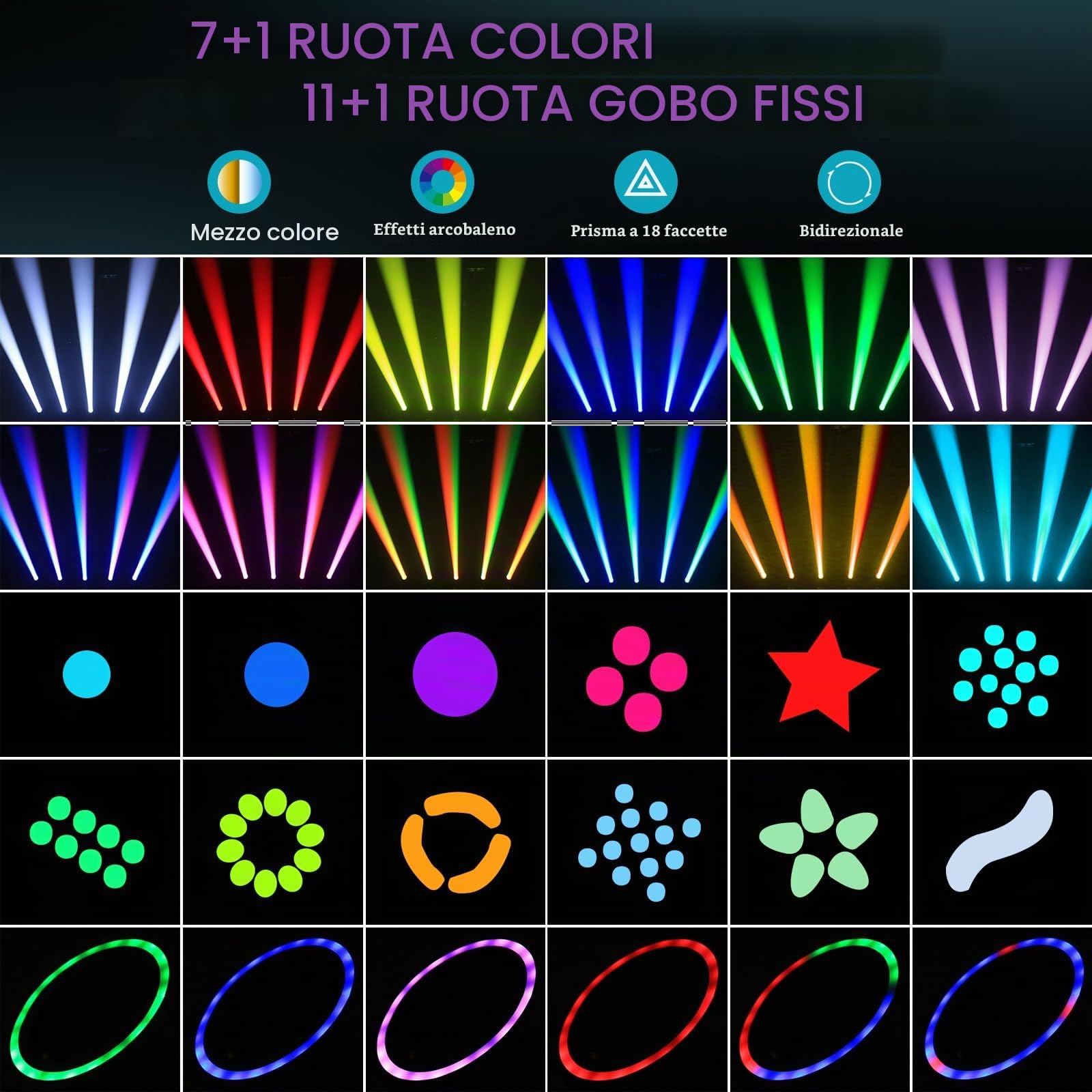 2 pezzi Teste Mobili LED 200W Beam Luce da Palcoscenico 7+1 Colori 12 Gobos illuminazione di scena con Striscia luminosa 18 Prisma Focus Elettronico Luce di Scena per Natale Club DJ Discoteca Fest