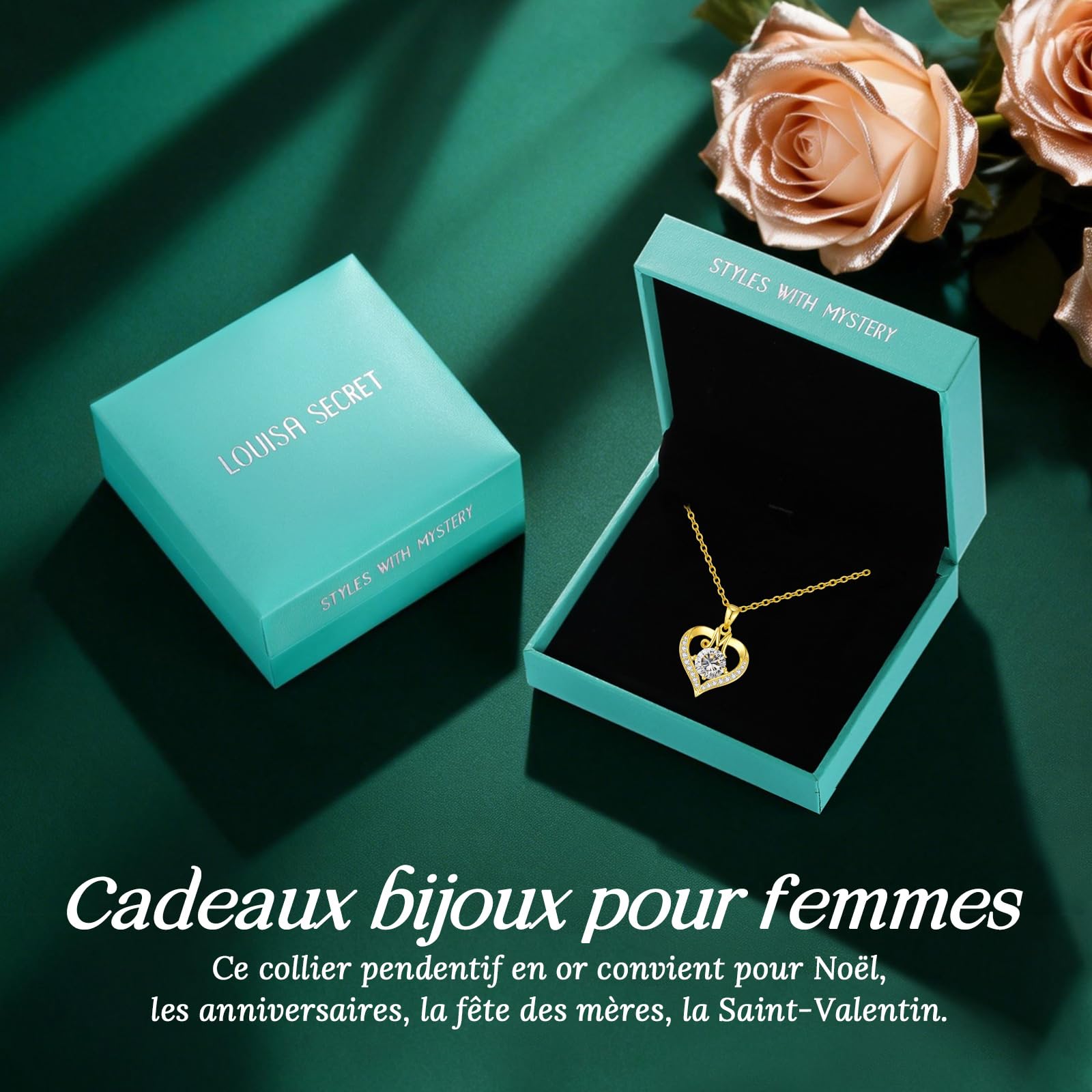LOUISA SECRET Collier Femme A-Z Initiales en Capitale, Pendentif Cœur d'Amour avec Plaque d'Or 18K, Bijoux Personnalisés pour Femme, Épouse, Mère, Anniversaire, Anniversaire de Mariage, Fête des Mères