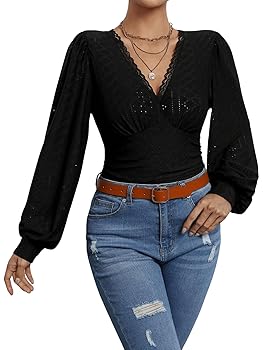 GORGLITTER Damen Body Langarm - Blusenbody Mit Puffärmeln & Hoher Taille