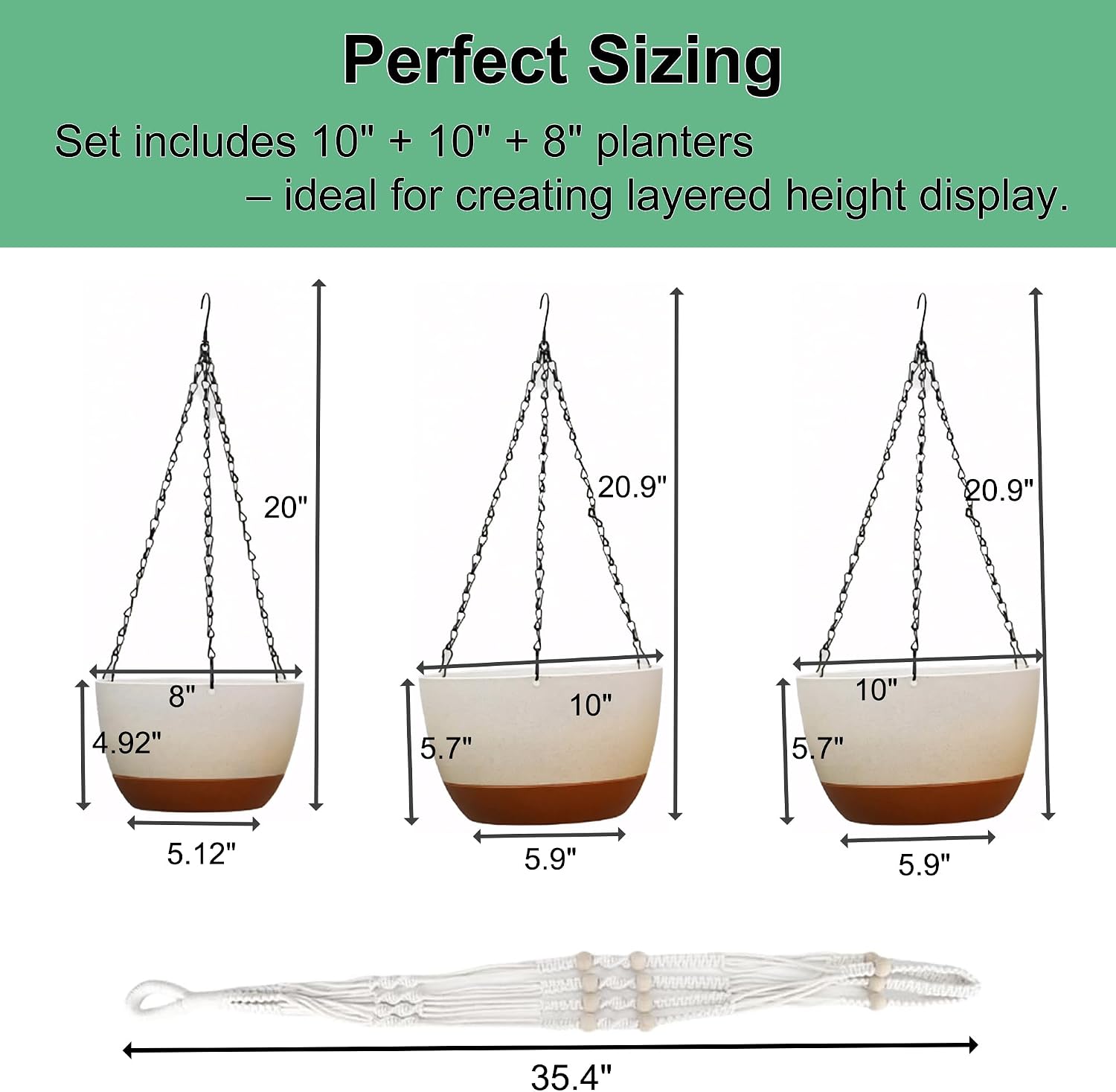 FUSHITON 3 Pack Hanging Planters for Indoor & Outdoor Plants, 10+10+8 Inch Self-Watering Pots with 2 Types of Hangers, Removable Saucer and Drainage Holes for Garden Home Decor - White