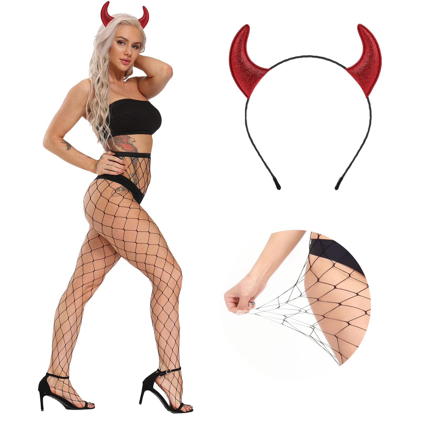 Voiiake Red Devil Horns Headband & Fishnet Stockings Set - Devil Accessories for Halloween Cosplay, Devil Horns Fishnet Tights, Thigh High Fishnet Tights for Women and Girls