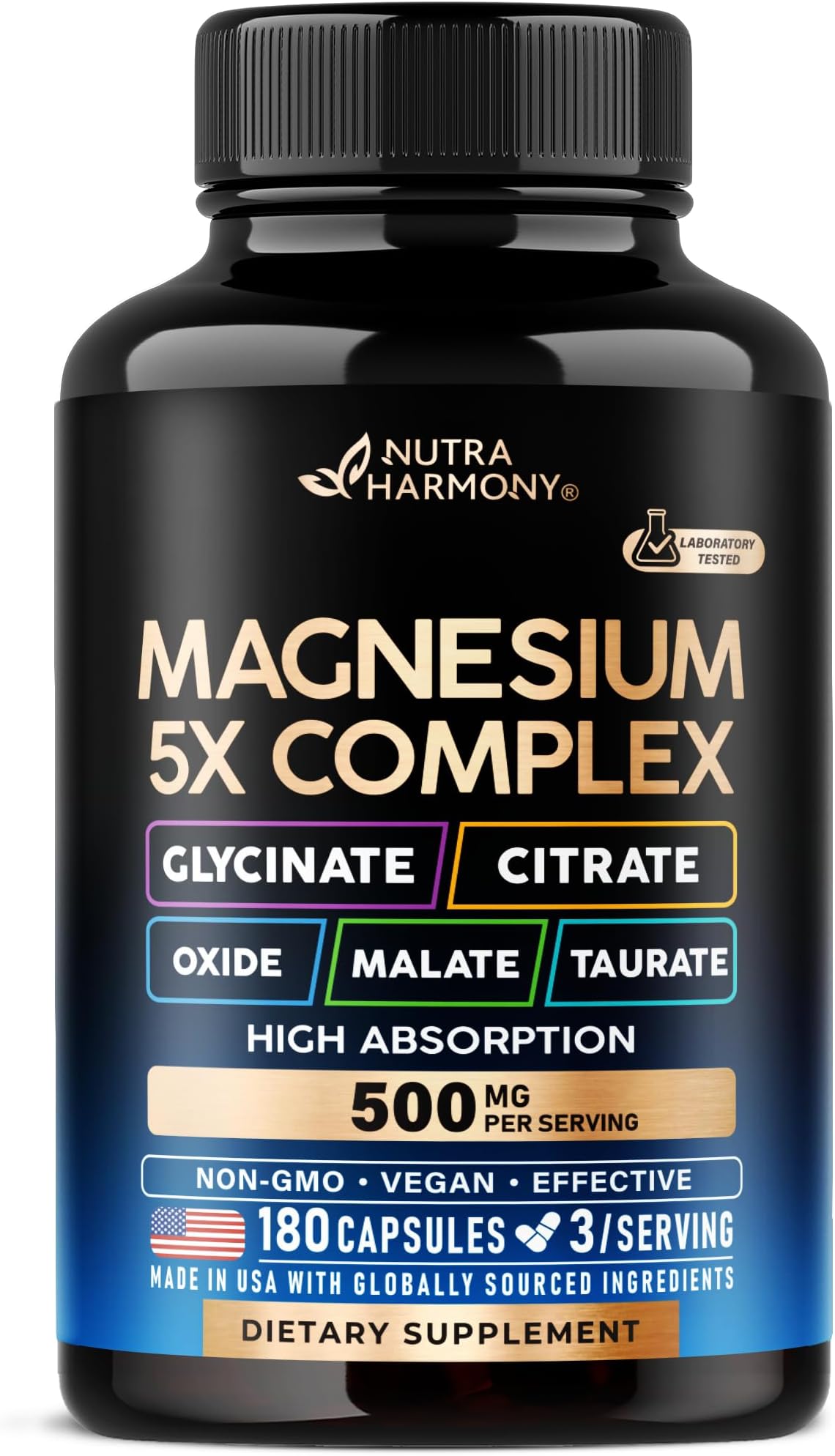 Magnesium Supplement - 5 in 1 Complex 500 mg | Glycinate | Citrate | Malate | Taurate | Oxide - Made in USA - Stress, Muscle & Heart Support - Vegan, Natural, Non-GMO - 180 Capsules, 2 Month Supply