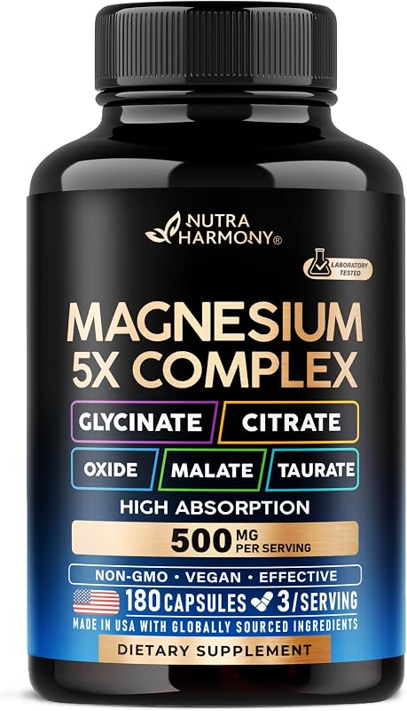 Magnesium Complex - Glycinate, Citrate, Malate, Taurate, Oxide - 180 Caps | 5-in-1 Magnesium Supplement 500 mg - for Women & Men - Stress, Muscle & Heart Support - Laboratory Tested - Vegan, Non-GMO