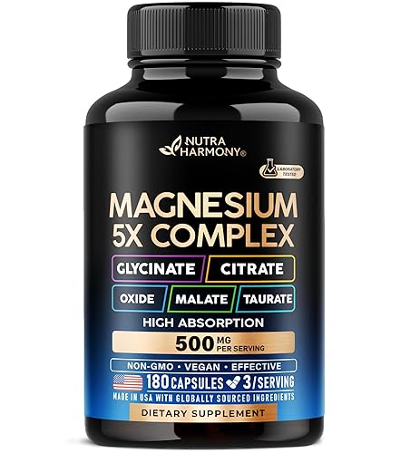 Magnesium Supplement - 5 in 1 Complex | Glycinate | Citrate | Malate | Taurate | Oxide - Made in USA - Stress, Muscle & Heart Support - Vegan, Natural, Non-GMO - 180 Capsules, 2 Month Supply