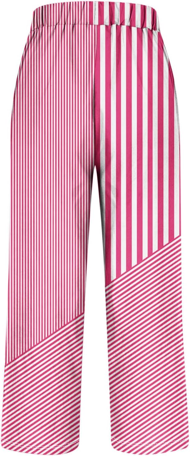 Stripe Color Block Crop Pants for Women Casual Straight Leg Pants Elastic Waist Cropped Trousers with Pockets