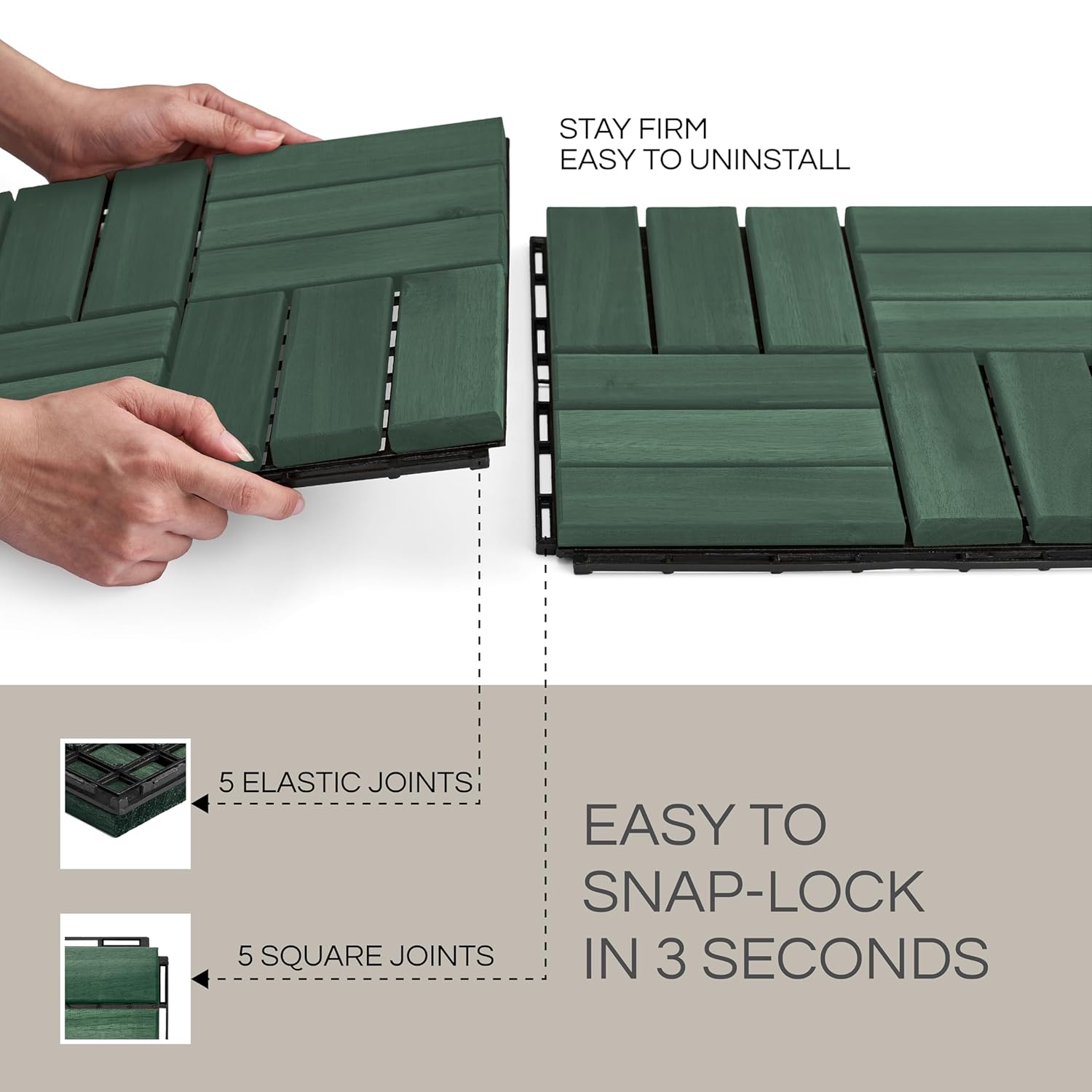 10 Pcs Premium Deck Tiles, Patio Flooring - Outdoor Waterproof Acacia Wood Tiles for All Weather Use - Balcony, Backyard, Indoor & Outdoor (Knysna Green, 10 Square Ft)