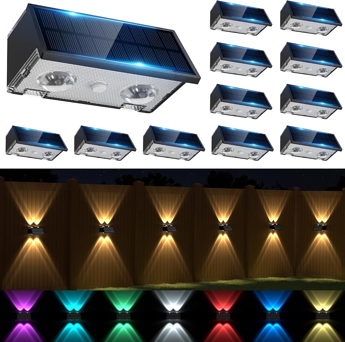Solar Fence Lights Outdoor Waterproof Up and Down Solar Lights | 12 Pack, Warm & Cool White RGB LED, Solar Powered Outside Fence Lights, Down Lights for Garden Patio Backyard Garage Step