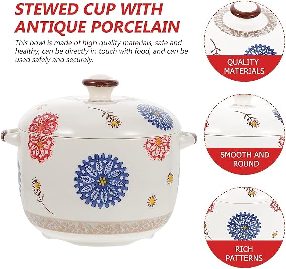 Ceramic Stew Pot with Lid Porcelain Steaming Cup Steam Soup Bowl Soup Pot Rice Bowl Noodle Bowl for Egg Custard Medicinal and Birds Nest 1000ml