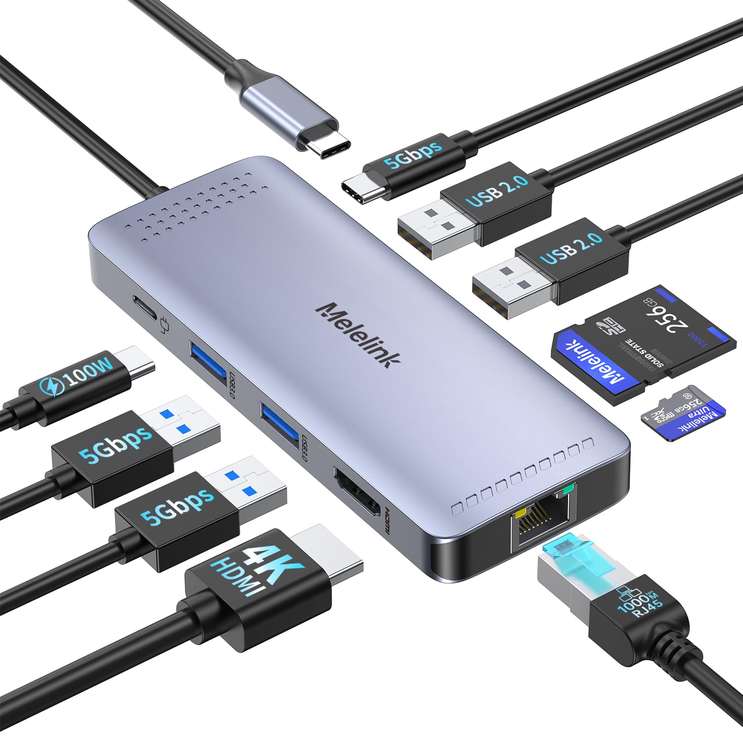 Melelink USB C Hub Multiport Adapter, 10 in 1 USB-C to Ethernet Adapter with HDMI(4K@60Hz), 100W PD Charging, USB-A&C Data Ports, SD/TF Card Reader, Laptop Multiport USB Hub for MacBook,Lenovo,HP,Dell