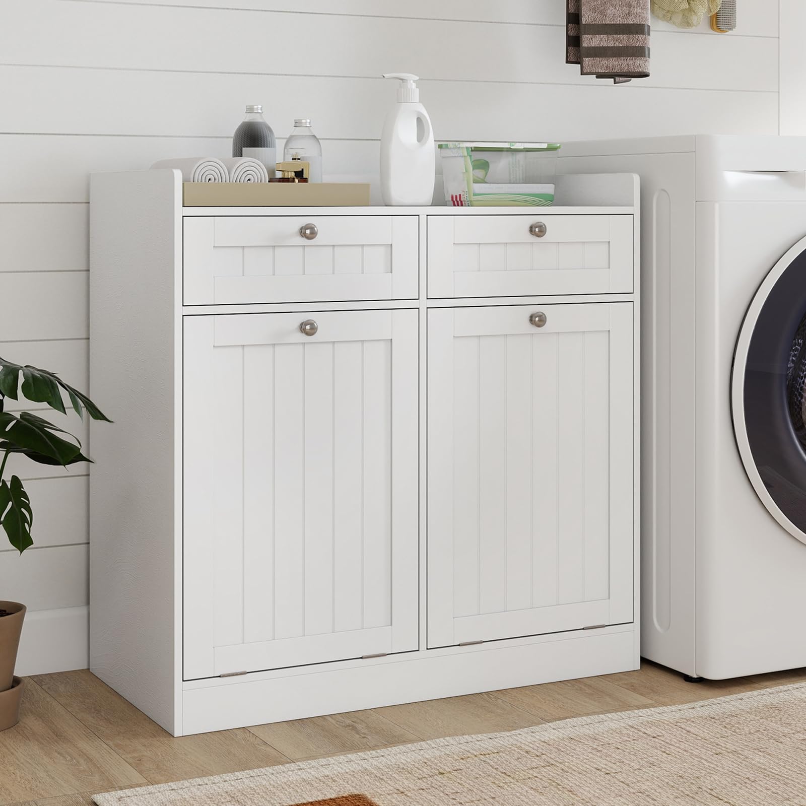 COSTWAY Mobiletto per Biancheria con 2 Cesti Ribaltabili, Mobile da Bagno Indipendente con Ripiano, 2 Cassetti e 2 Sacchi Porta Biancheria Rimovibili, Armadietto in Legno per Bucato (79 x 40 x 80 cm)