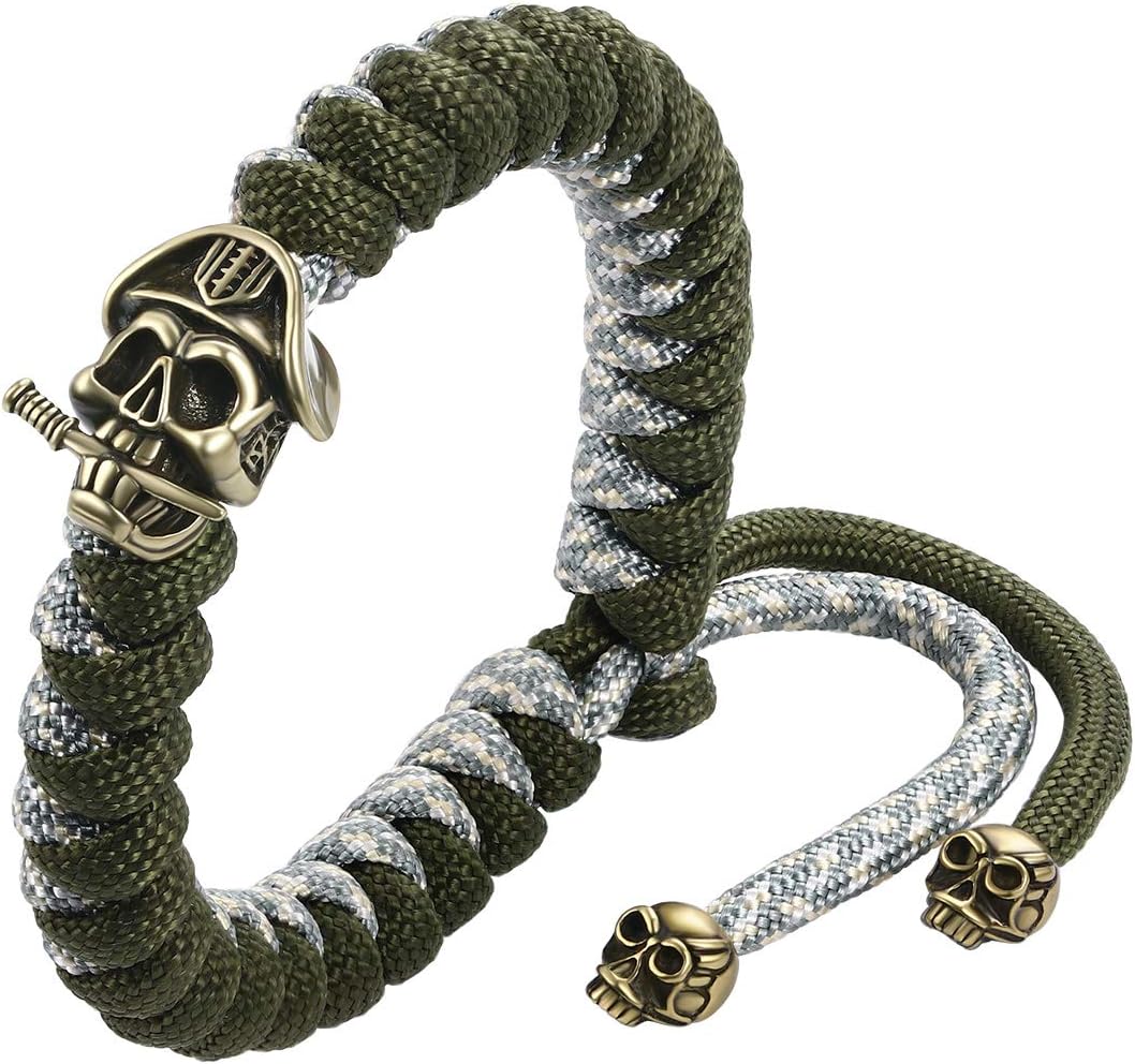 T400Green Black Crown Skull Paracord Parachute Cord Survival Braided Rope Bracelets for Men Boys with Fish Tail Metal Clasp Gift