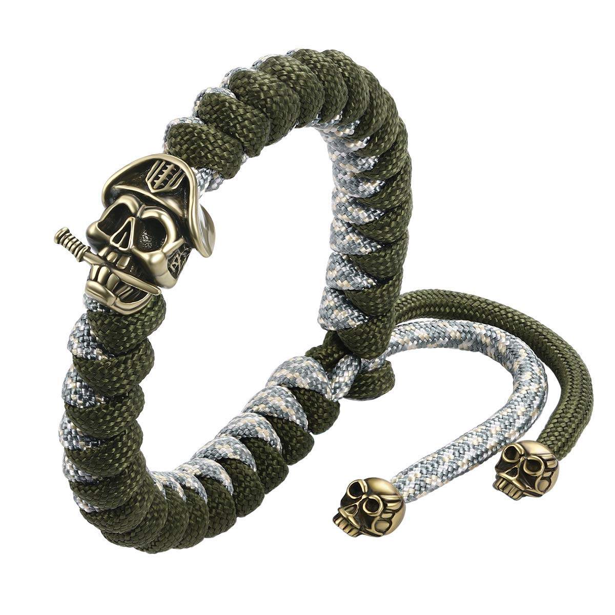 T400Green Black Crown Skull Paracord Parachute Cord Survival Braided Rope Bracelets for Men Boys with Fish Tail Metal Clasp Gift