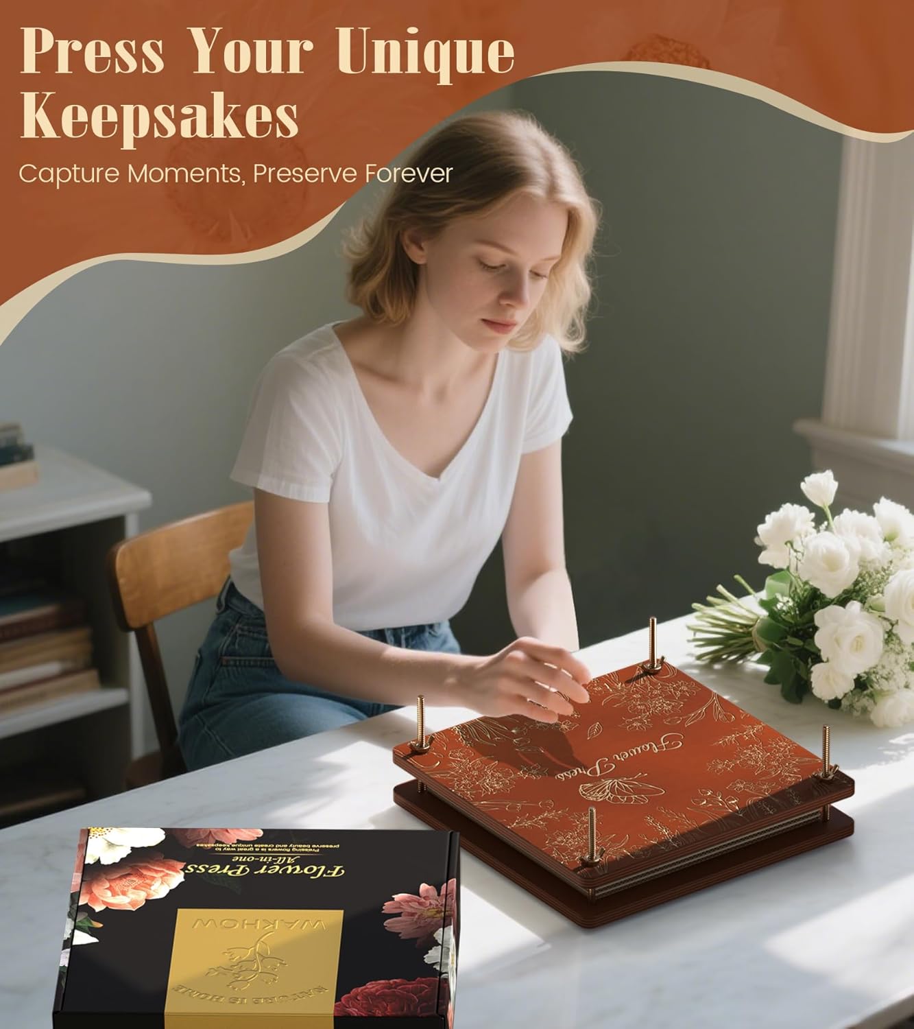 Wakhow Flower Press Kit – 11" x 11" Large Wooden Flower Presser for Adults & Teens | DIY Bouquet Preservation & Dried Flower Art | Ideal Gift for Nature & Craft Lovers（Reddish Brown）