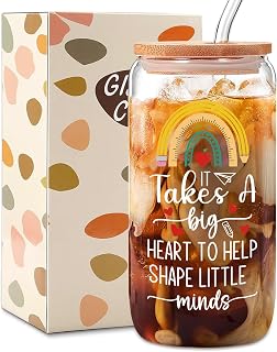Teacher Appreciation Thank You teacher of the Gifts,Valentines Birthday Christmas Back To School Graduation Gifts for Women paraprofessional,16 oz Cute Glass Cups with Lids and Straws
