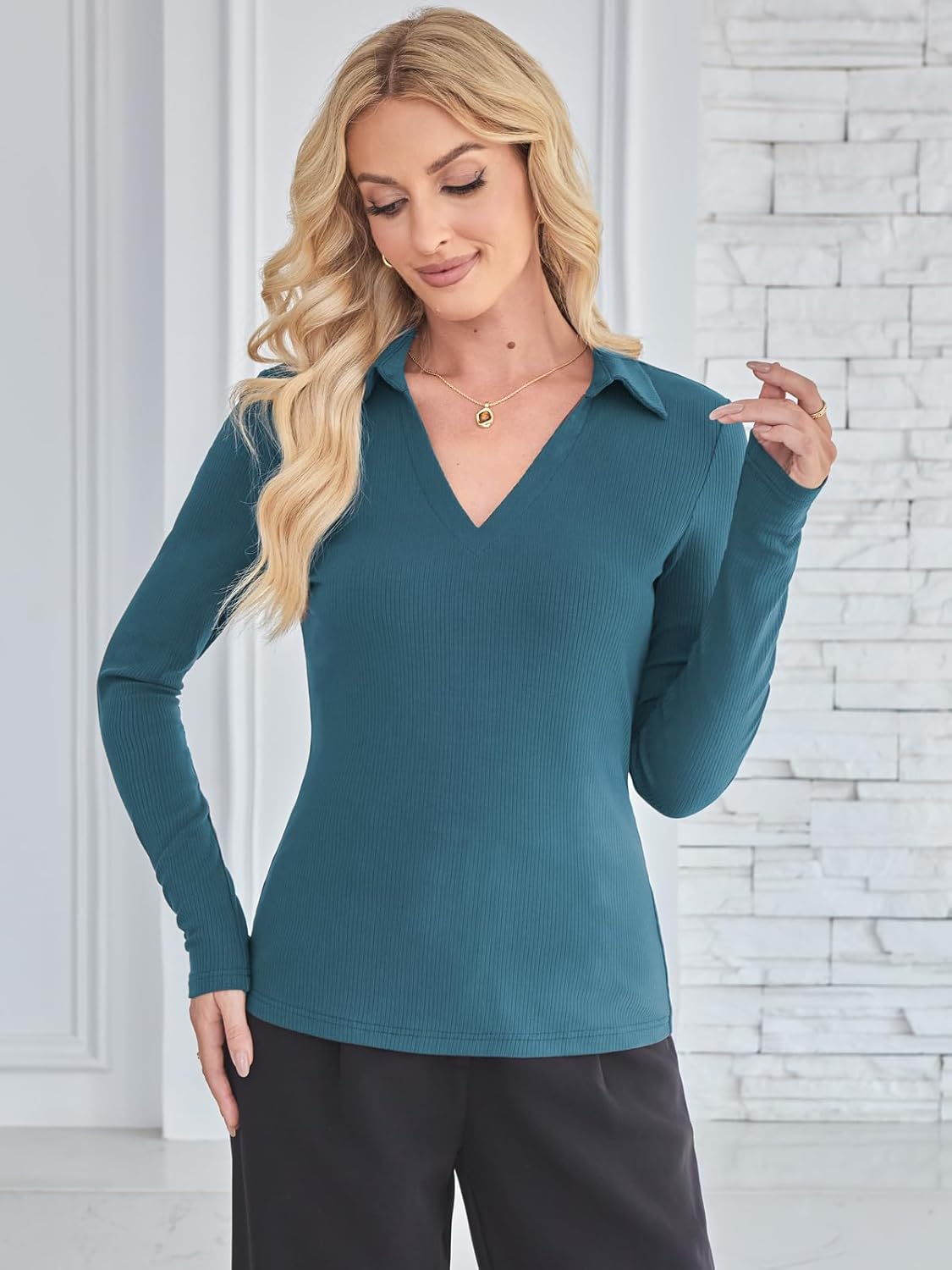 BAISHENGGT Womens Polo Shirts Long Sleeve Business Casual Basic Tops V Neck Ribbed Knit Sweater Slim Fitted Work Blouses - Image 3