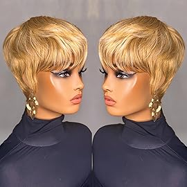 PangDongLai Chic Elegent Pixie Cut Wigs for Women Short layered Pixie Human Hair Wigs With Bangs 27/613 Blonde Color Glueless Short Human Hair Wig Full Machine Made for Daily Use