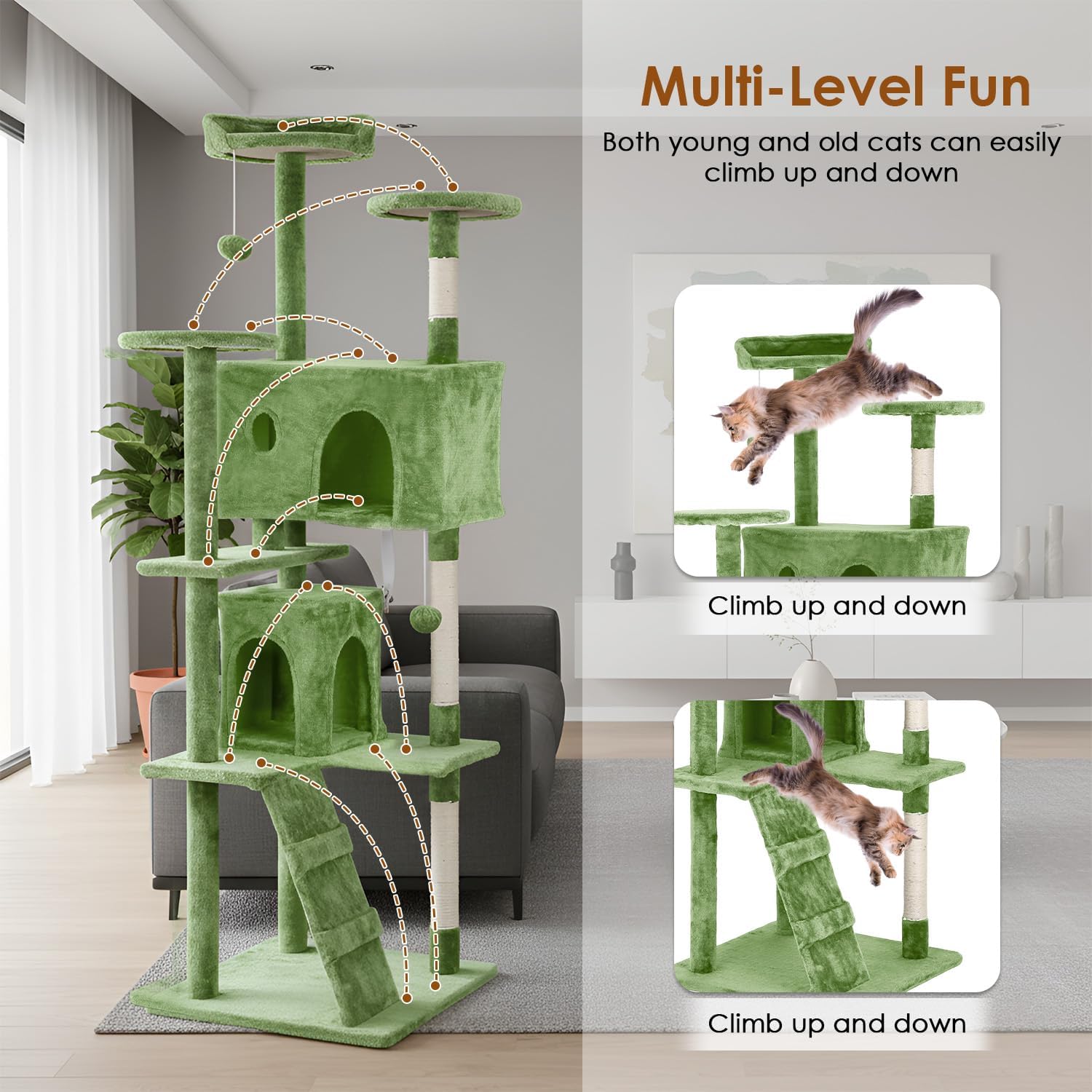 Image illustrating cats climbing and resting on the multi-level cat tree