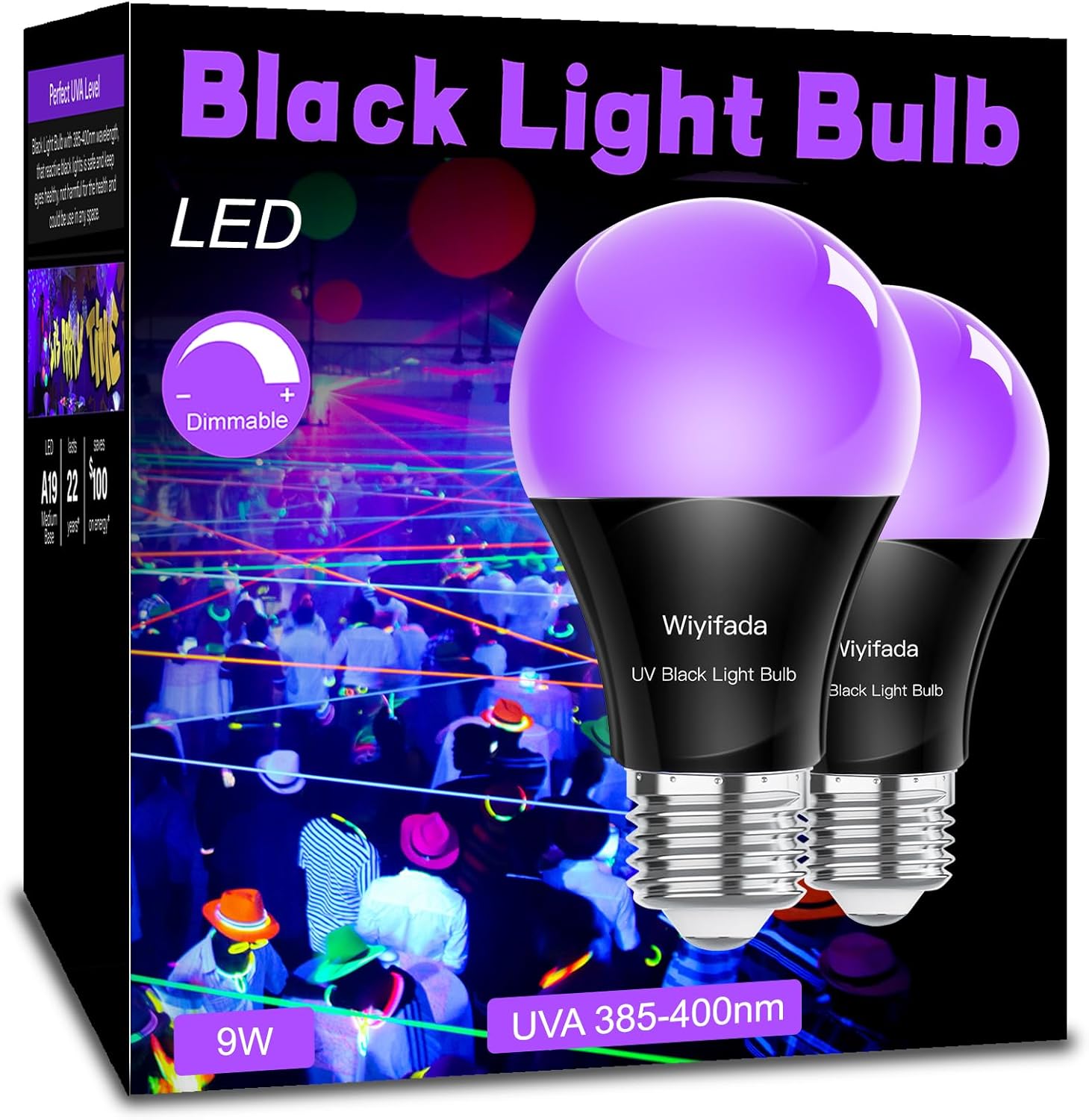 Wiyifada LED Black Light Bulbs 2 Pack, Dimmable A19 10W Blacklight bulb Replace Up to 100W, 110V