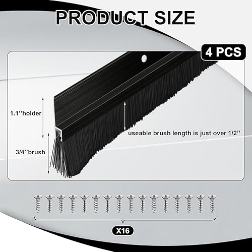 Miniatura 2 de Juego de 2 barridos de puerta de aluminio negro con tornillos de longitud, cepillo de puerta para huecos de hasta 1 pulgada, sello de cepillo de
