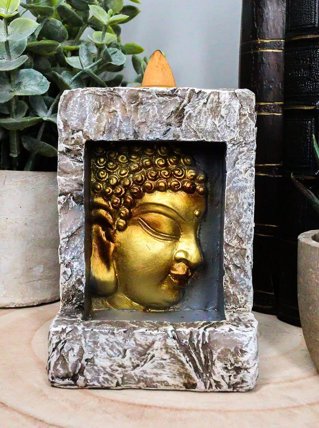 Ebros Gift Eastern Enlightenment Gautama Buddha Face in Faux Stone Mini Relief Bracket Backflow Incense Cone Burner Holder Figurine 4" High Buddhism Bodhisattva Feng Shui Zen